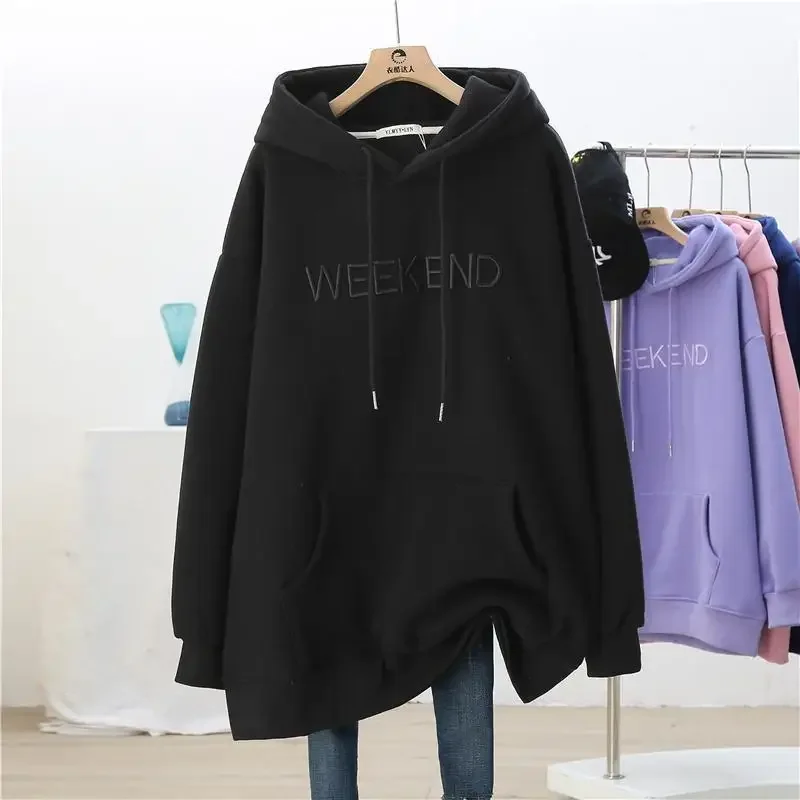 Womens Autumn and Winter New Hooded Sweatshirt Solid Color Letter Pockets Splicing Lax Large Size Appears Thin Mid-length Top