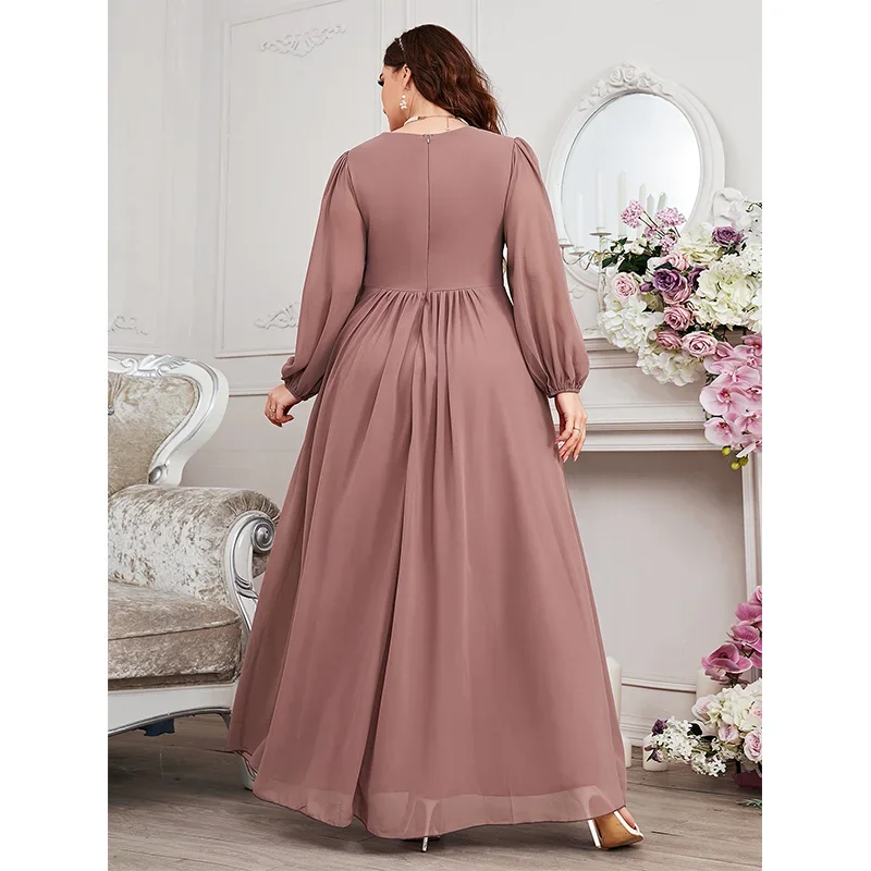 S-7xl V-Neck Pink Chiffon Long-Sleeved Evening Dress 4xl5xl Wedding Bridesmaid Chiffon Maxi Dress For Women