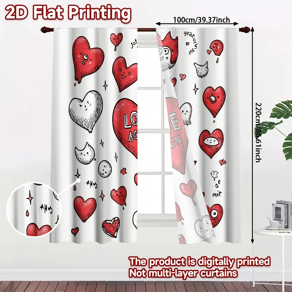 2pcs Cartoon Heart Curtains Love Again Print Polyester Window Drapes for Kids Room Bedroom Playful Home Decor