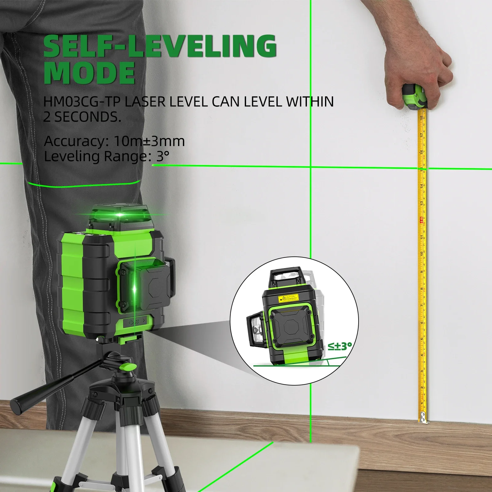 Huepar 12 linhas de feixe verde laser nível auto-nivelamento linha cruzada conjunto de ferramentas de nível laser com tripé/detector/régua digital/suporte