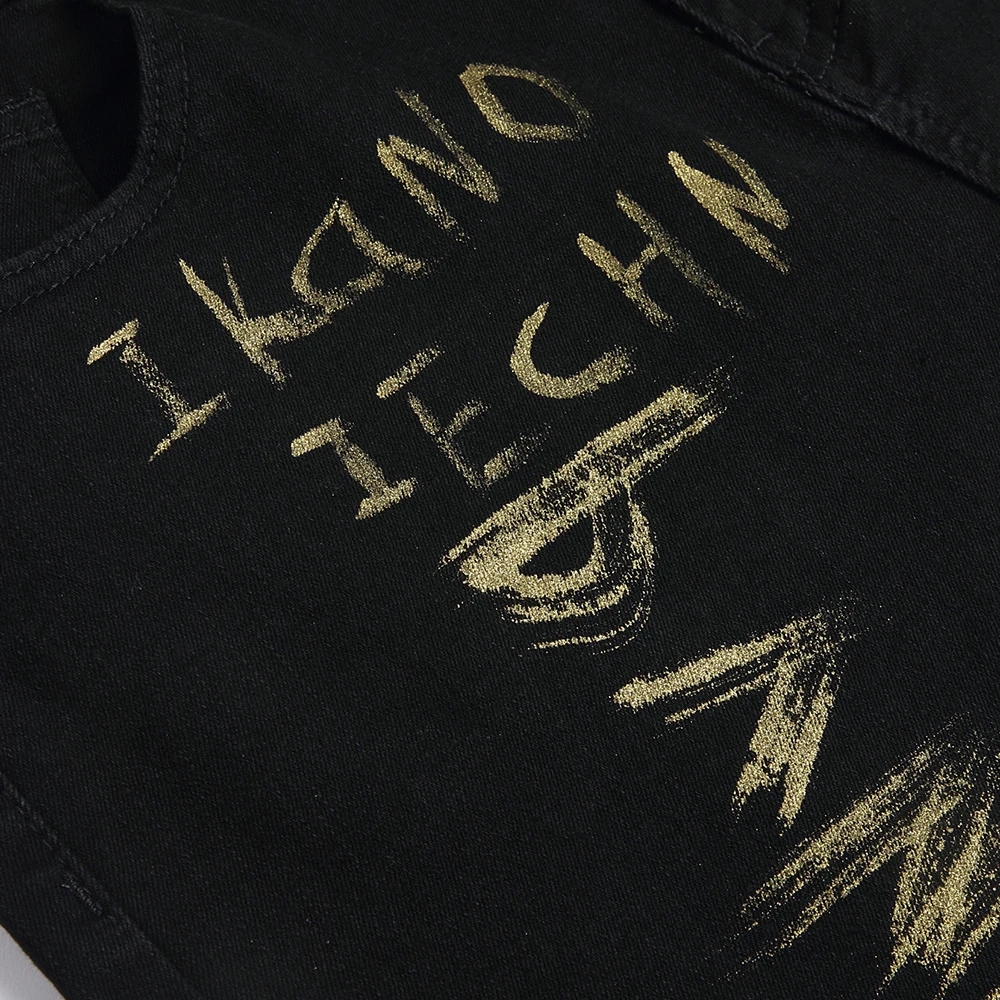 Celana Pendek Denim Gambar Huruf Grafiti Musim Panas Pria Jeans Celana Lurus Ramping Kasual Katun Hitam