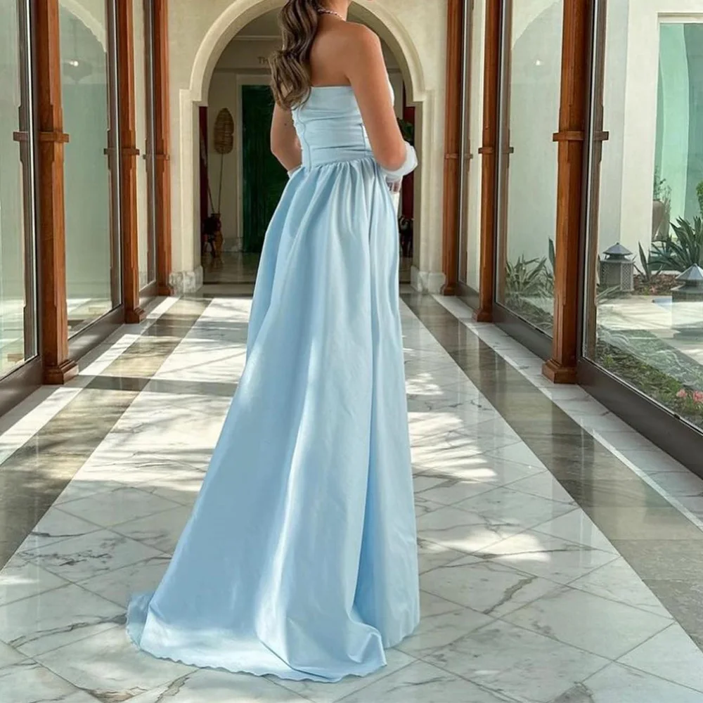 Customized Classic Panel Train Pleats Detachable Sleeves Evening Dresses Modern Strapless Satin Blue Party Gowns فساتين سهرة