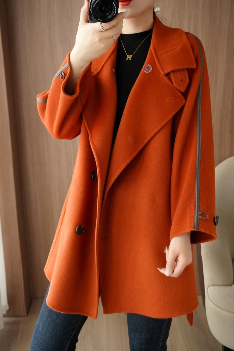 Manteau en cachemire double face pour femme, 2023 pure laine, col montant, taille fine, haut à lacets, automne, hiver, nouveau, 100%