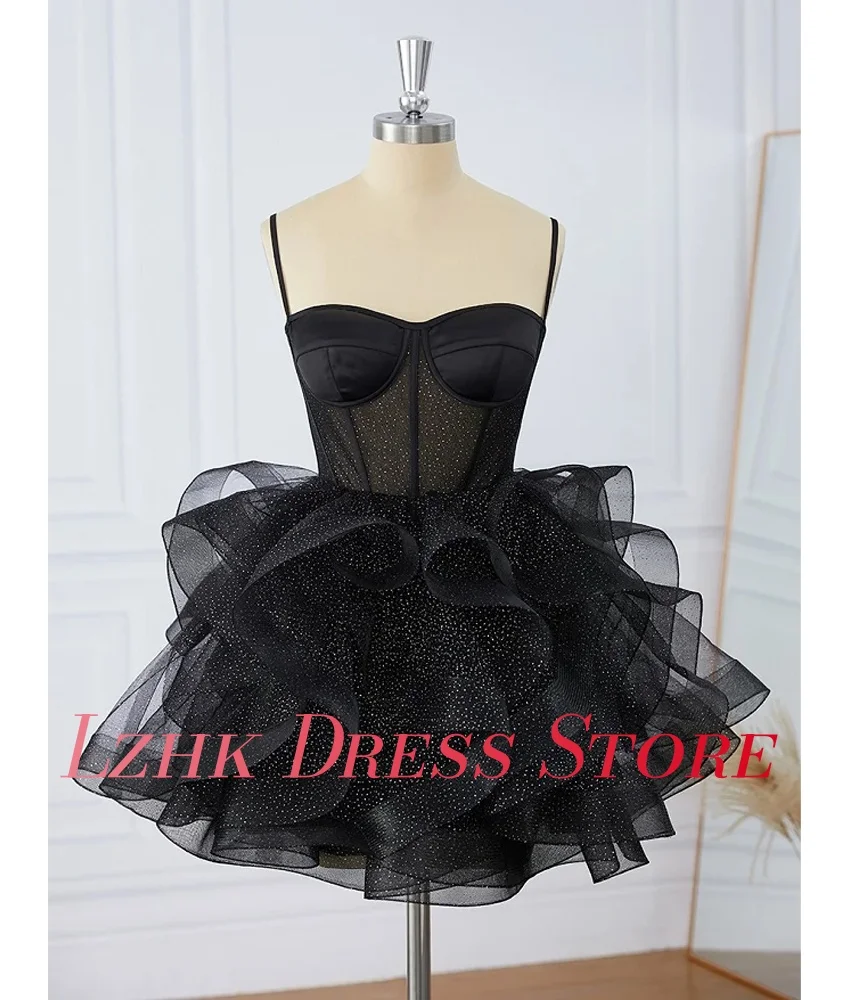 Robe de soirée trapèze en Organza, personnalisée, Sexy, bretelles Spaghetti, paillettes, volants, plusieurs niveaux, délicate, sans manches, robes de soirée en cœur