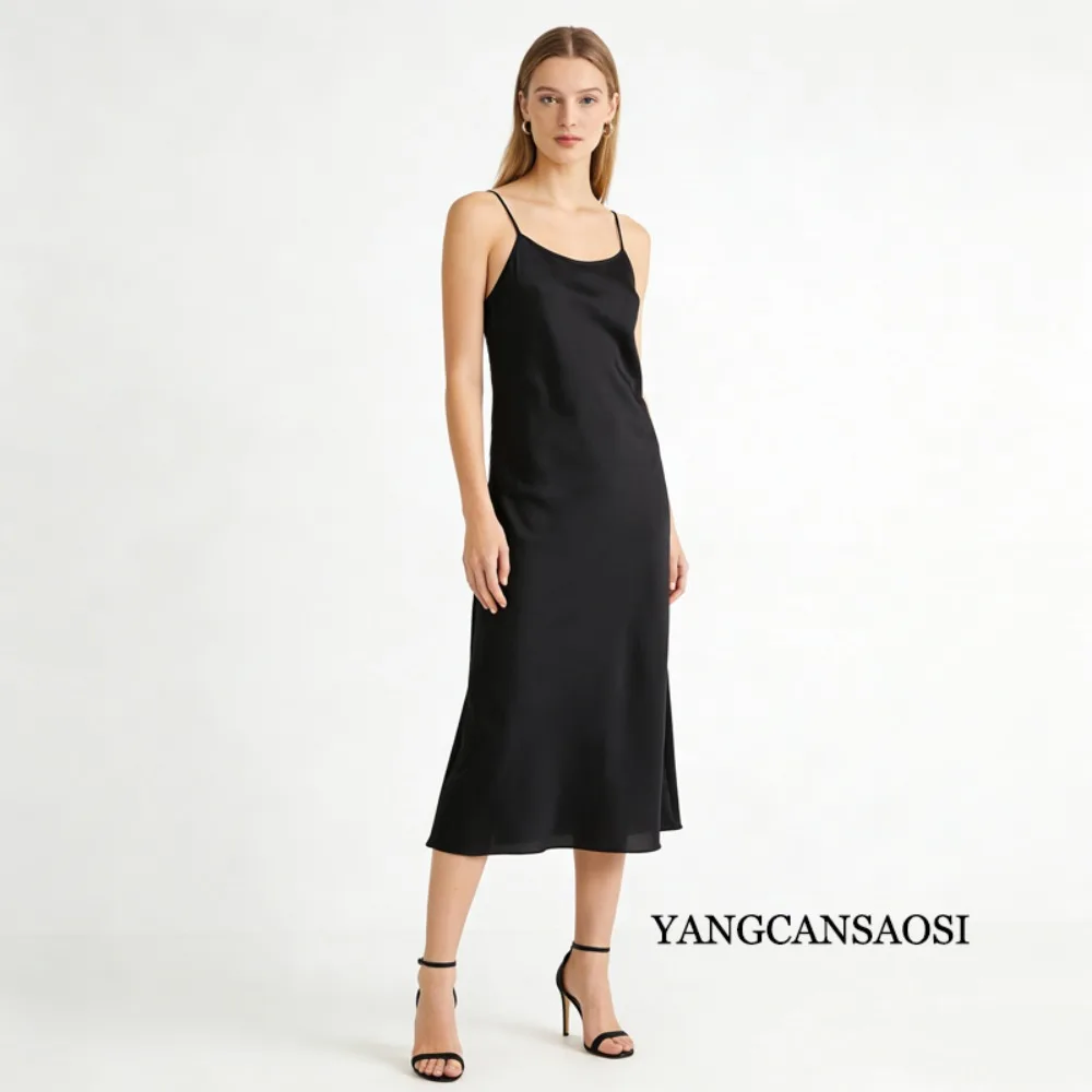 2026 Damen Casual Frühjahr/Sommer Neues 95 % natürliches Maulbeerseide-elastisches Doppel-Qiao-Satin-verstellbares Schultergurt-loses Kleid