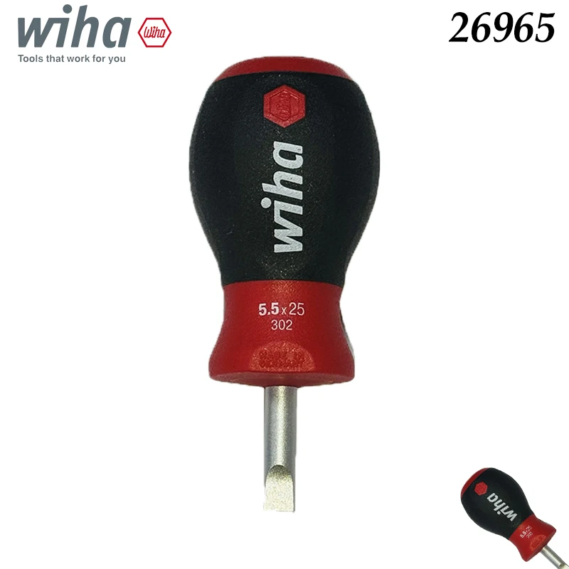 Destornillador plano Wiha 26965 Stubby, mango ergonómico rojo/negro, para fijación en espacios reducidos