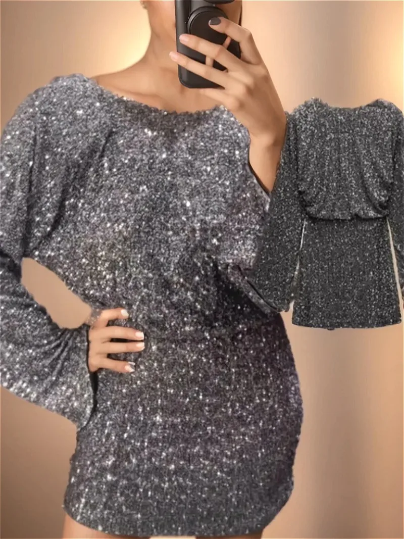 Fashion Sequin Mini Dress Elegant 2025 Winter Women Sexy Backless Short Dresses for Women Long Sleeve Party Dresses