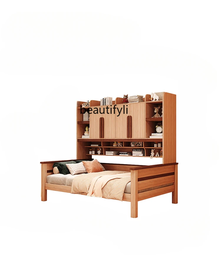 

Bed with Wardrobe Integrated Small Apartment Boys' Bookcase Bed Multi-Functional Combined Bed Solid Wood Modern Minimalist