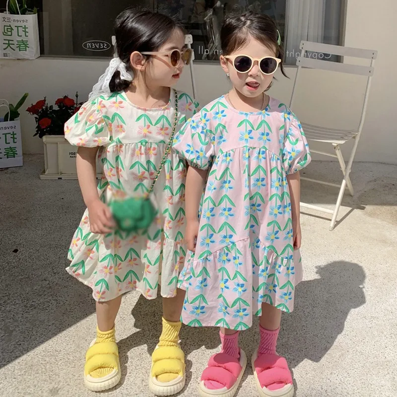 Summer Girls Dress Round Neck Puff Sleeve Floral Print Long Dress Children Casual Clothes Kids Sweet Princess Dress