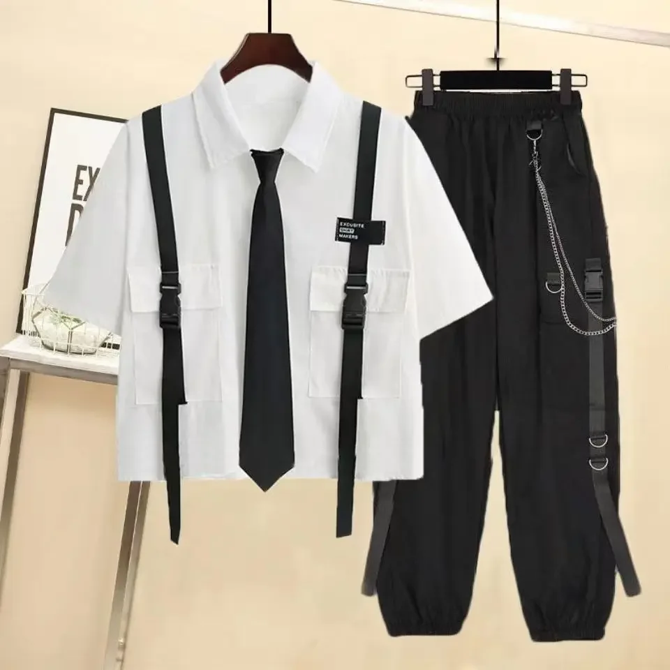 Streetwear Cargo Pants Set with Chain and Harajuku Shirt for Women - 2 Piece Summer Suit Loose Joggers and Blouse White Black