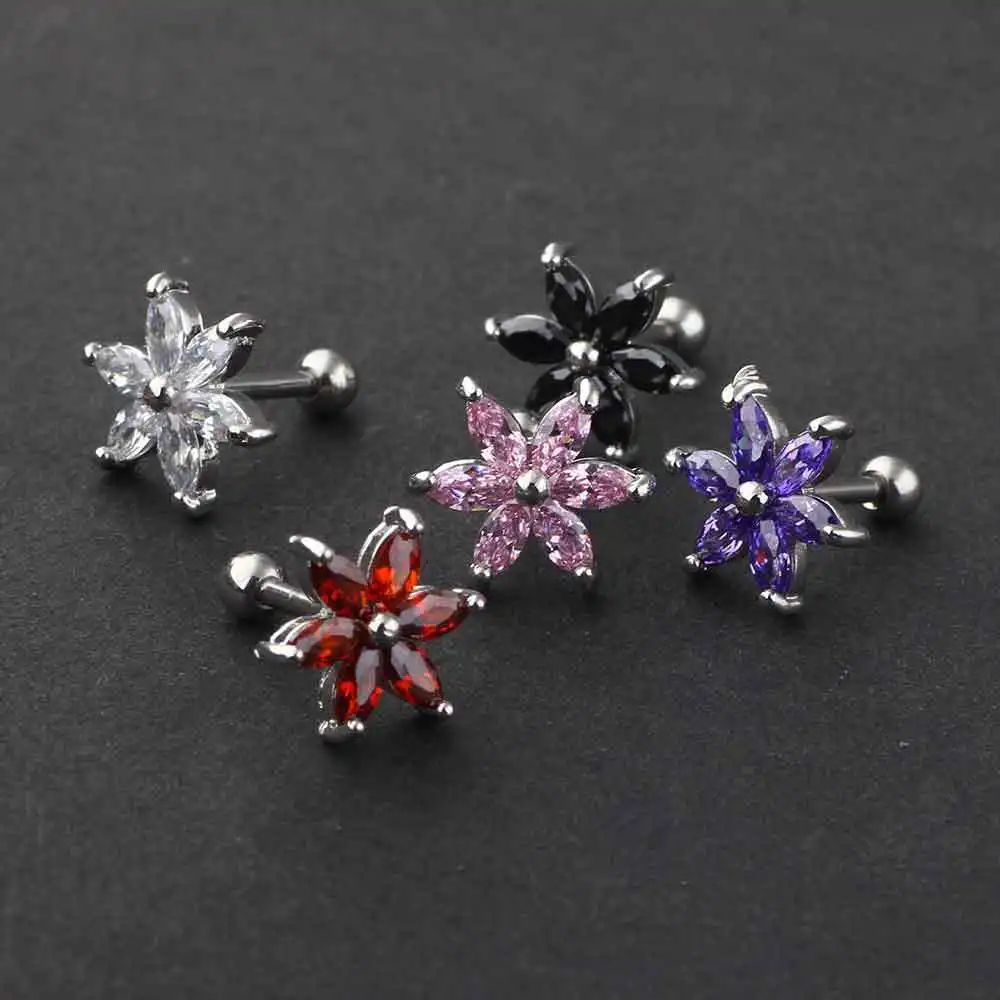 1PC Stainless Steel Crystal Flower Piercing Earring For Women Girl Small Punk Unique Tragus Helix Cartilage Piercing Jewelry