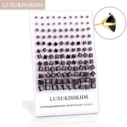 LUXUKISSKIDS Gothic Square Shape Stud Earrings 60pairs/Lot Cubic Zircon Small 4Claws White Black Punk Piercing 3-8MM Steel Clips