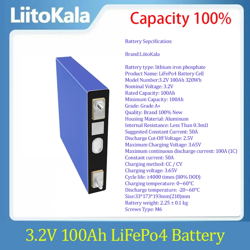 LiitoKala 3.2V 100Ah LiFePO4 Lithium iron phospha battery DIY 4S 8S 12V 24V 48V Motorcycle Electric Car motor batteries