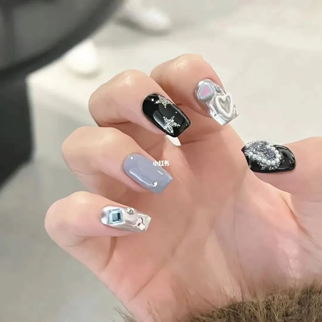 

10PCS Y2k Black Short Coffin Handmade False Nail Sweet Cool Ins Blue Pink with Glitter Silver Star Pearl Press on Nails Wearable