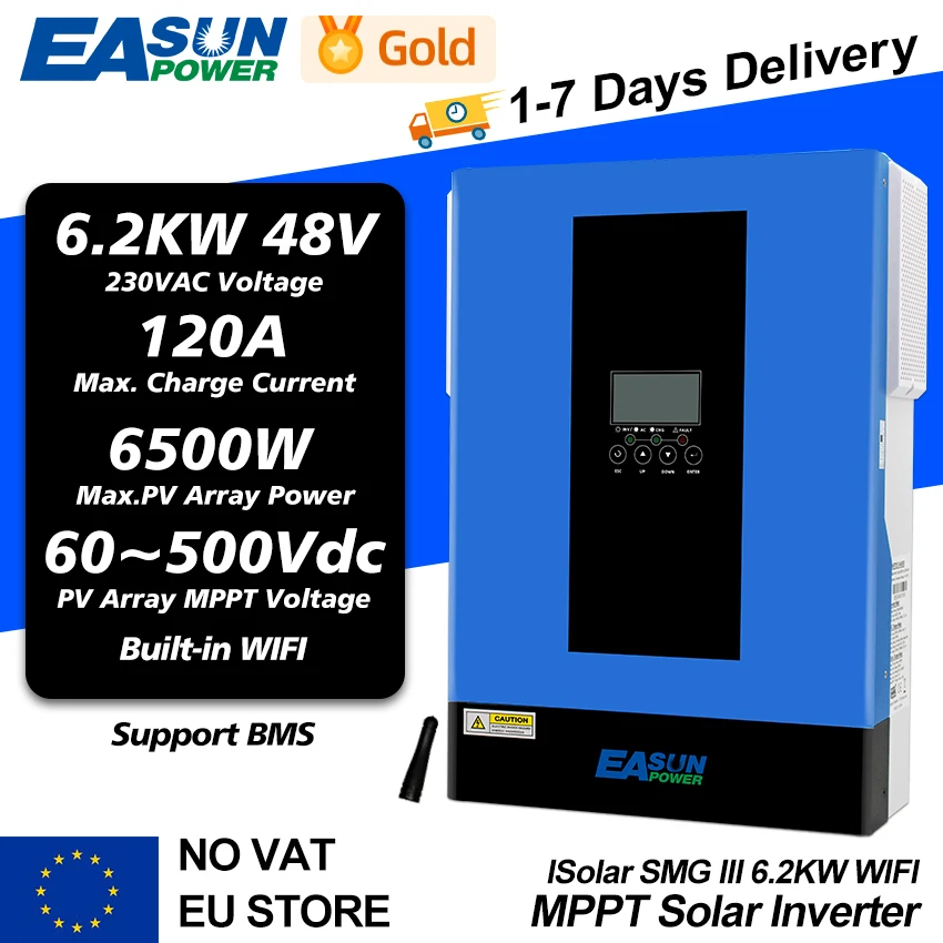 EASUN POWER MPPT Hybrid Solar Inverter 6.2KW 48V 4KW 24V 2KW 12V Off Grid Pure Sine Wave 220V 230V 120A 80A Charger with Wifi