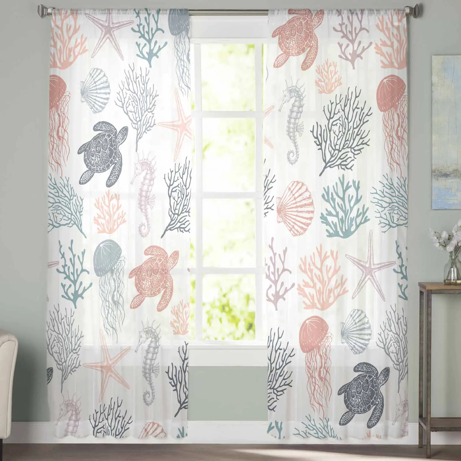 Marine Coral In Summer Triangle Tulle Sheer Window Curtains For Living Room Kitchen Children Bedroom Voile Hanging Curtain