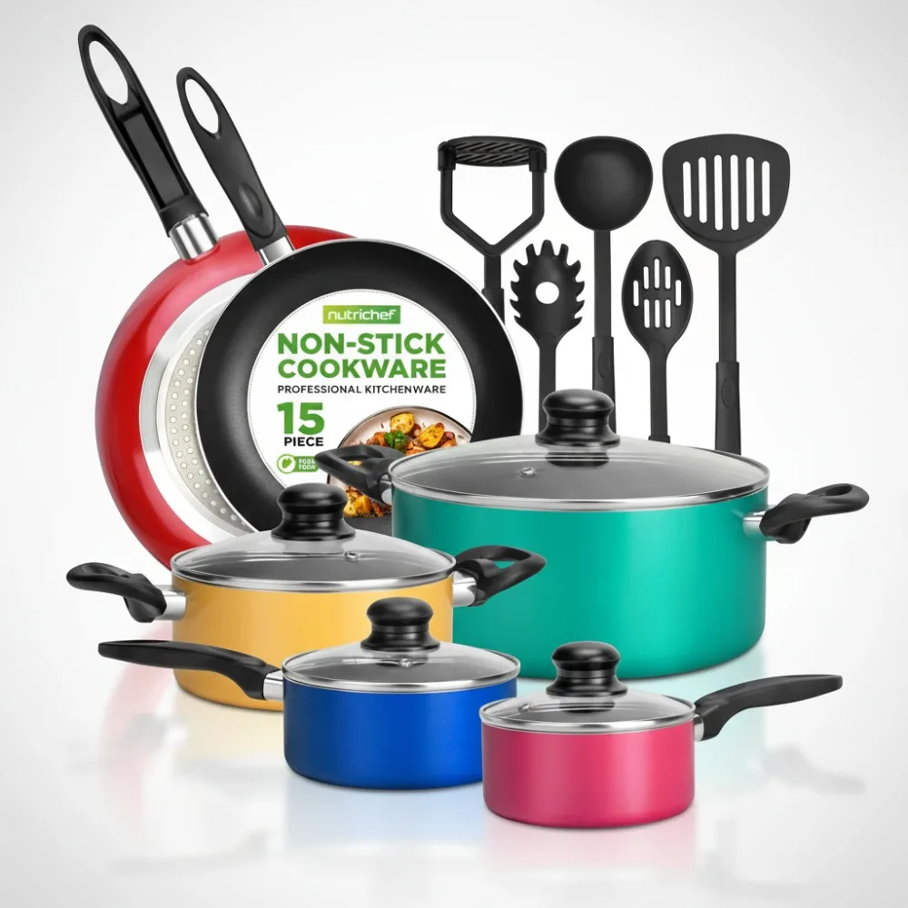 

Набор посуды с антипригарным покрытием, 15 предметов, без PFOA, красочные термостойкие кухонные кастрюли и сковородки с посудой
