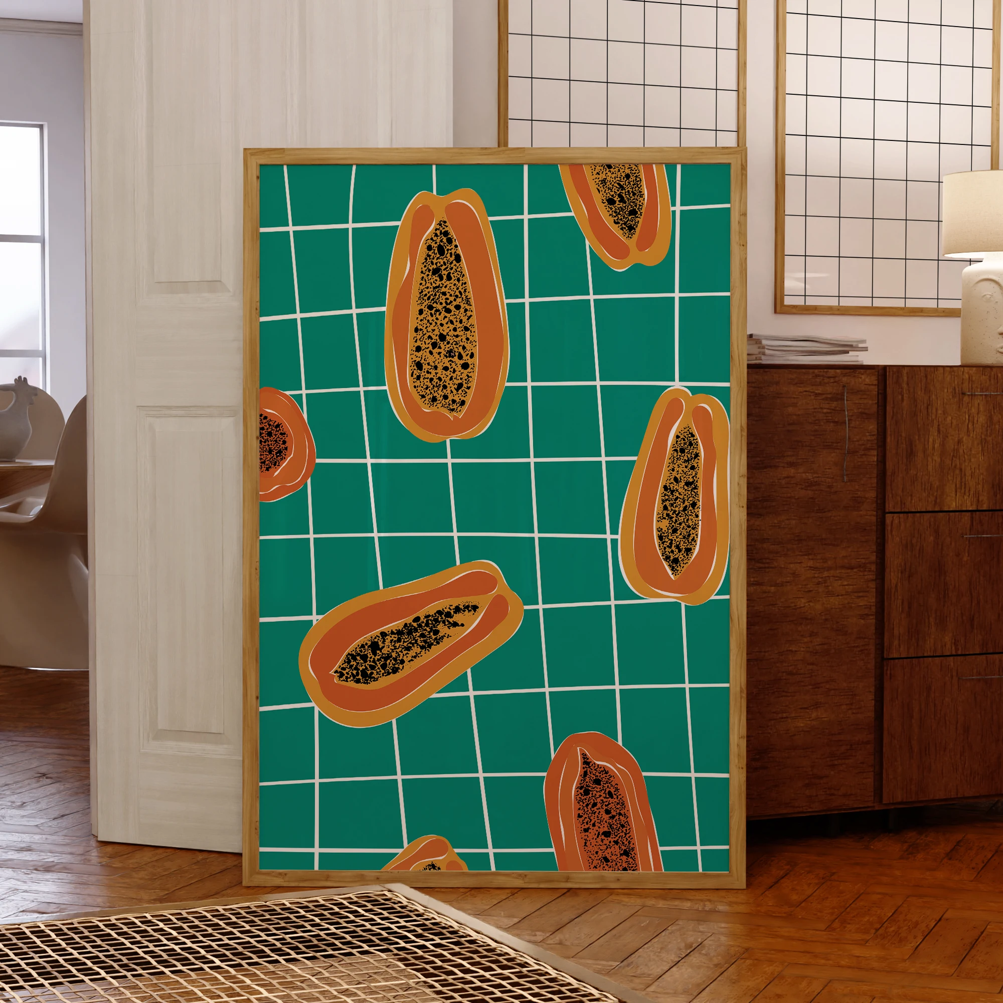 Modern Green Papaya Drawing Retro Food Fruit Wall Art Prints Canvas Painting Poster Picture For Living Room Home Decor