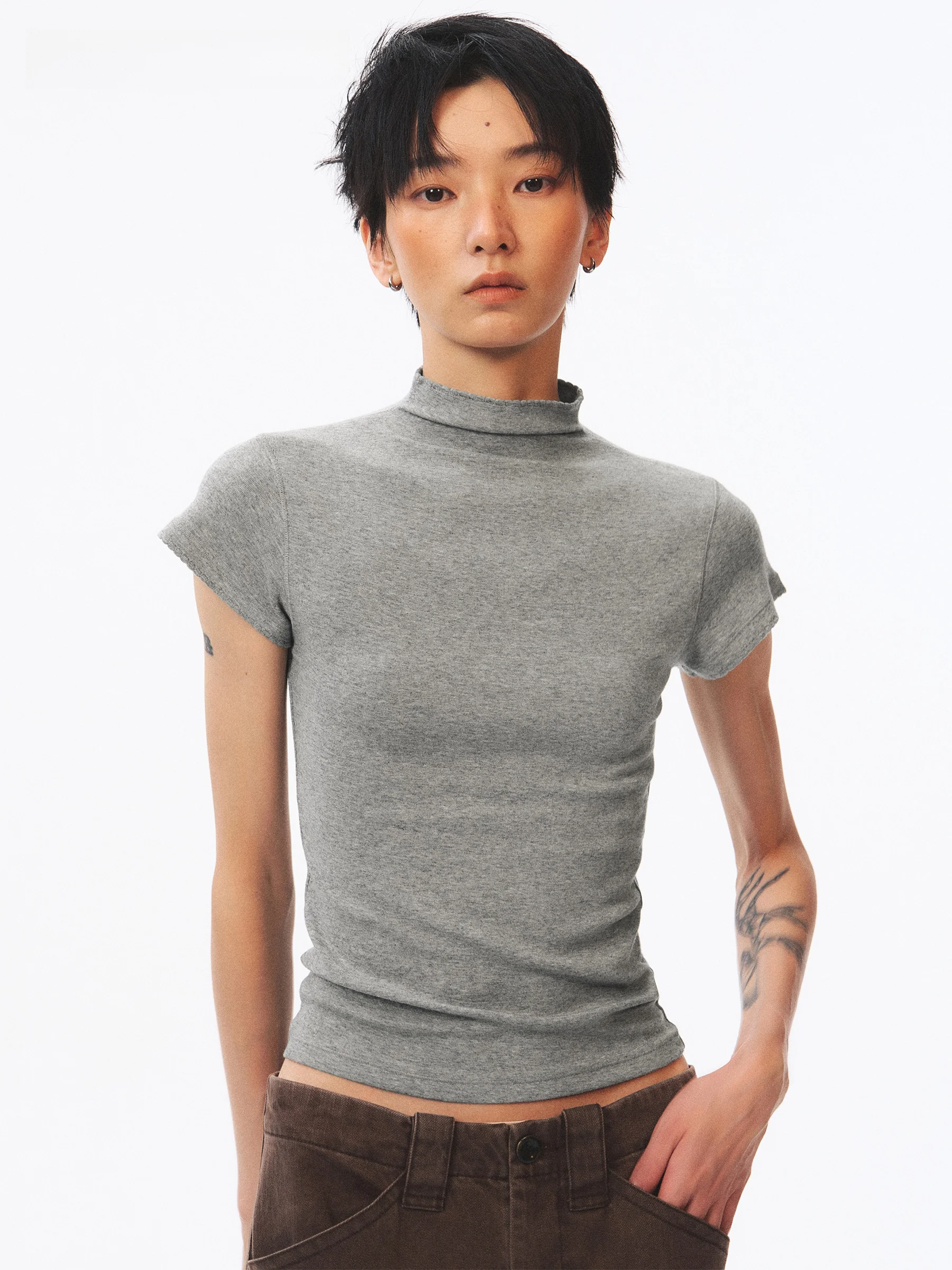 VERMO Skin-Friendly Mousse Fleece Short-Sleeve Slim Fit Half High Collar Elegant Base Shirt Top for Women Casual Style