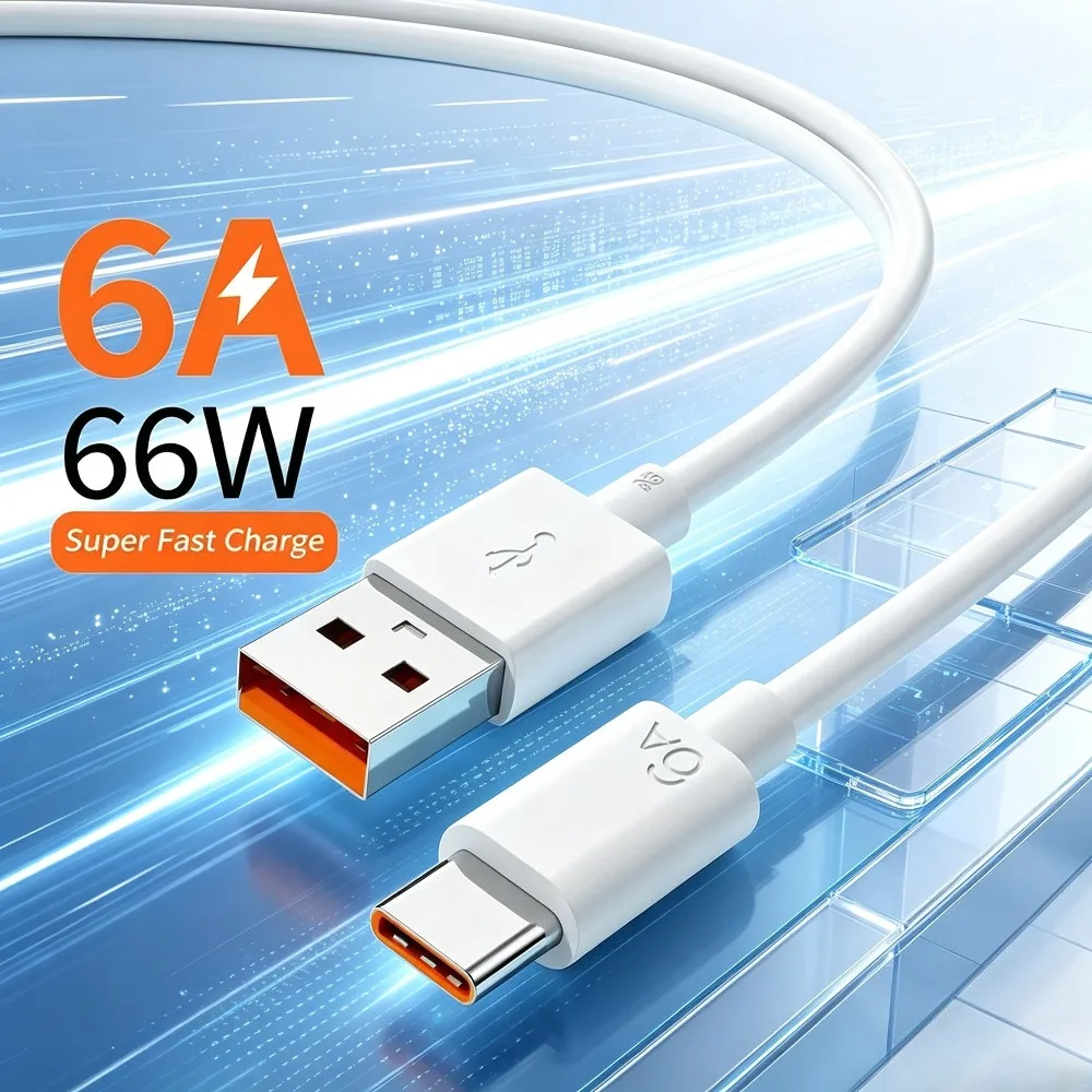 66W 6A USB‑A to Type‑C Fast Charging Data Cable Quick Charge Cord for iPhone Huawei Samsung Xiaomi 17 Pro POCO 0.25M/1M/1.5M/2M