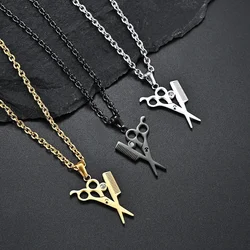 Hairstylist Scissors Comb Crystal Pendant Barber Necklaces for Men Hairdresser Stainless Steel Charm Male Jewelry