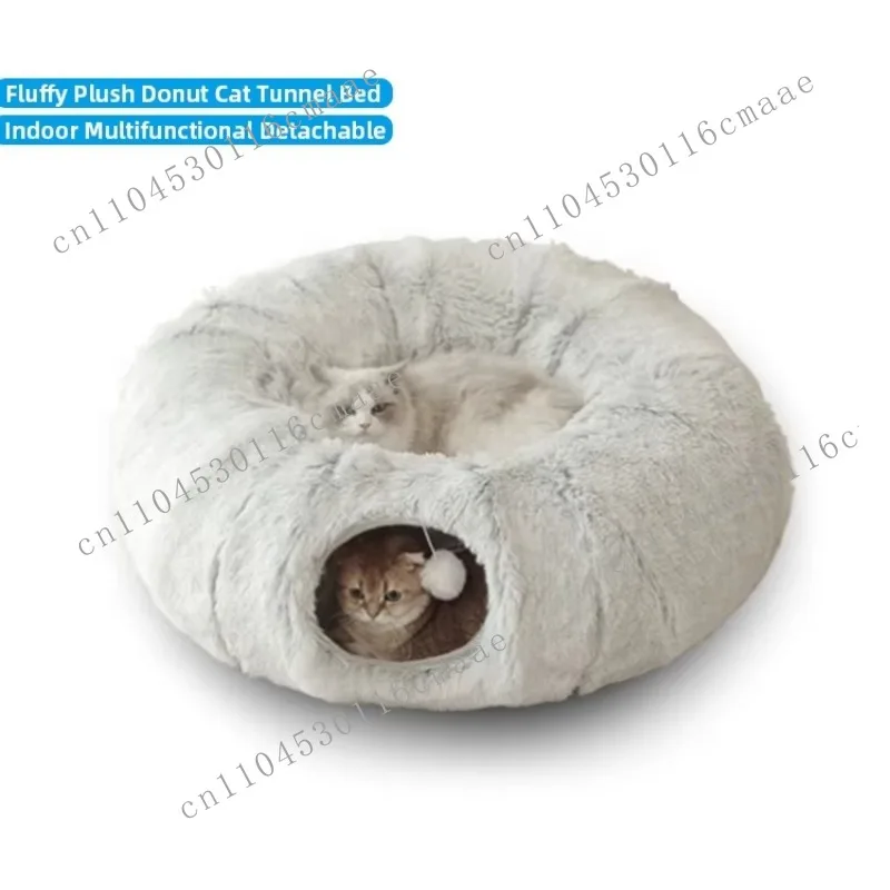 

Multifunctional Foldable Collapsible Detachable Fluffy Plush Donut Toy Long Fur Cat Nest Tunnel Bed