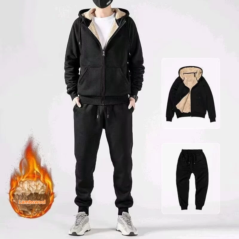 Mens Lamb Fleece Sports Autumn Winter Thick Cardigan Hooded Sweatshirt Sweatpants Outdoor Casual Tracksuit Set Men's tracksuit