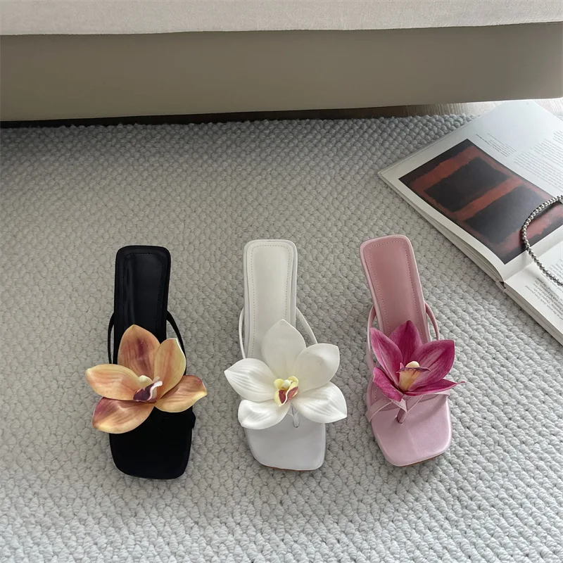 

8cm High Heels Black White Pink Satin Women's Mules with Heels Flip Flops Square Toe Women Heeled Sandals Elegant Fashion Party