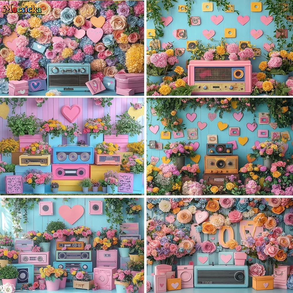 Valentine's Day Flower Room Background Colorful Radio Love Wood Wall Backdrop Girl Birthday Cake Smash Music Party Photo Studio