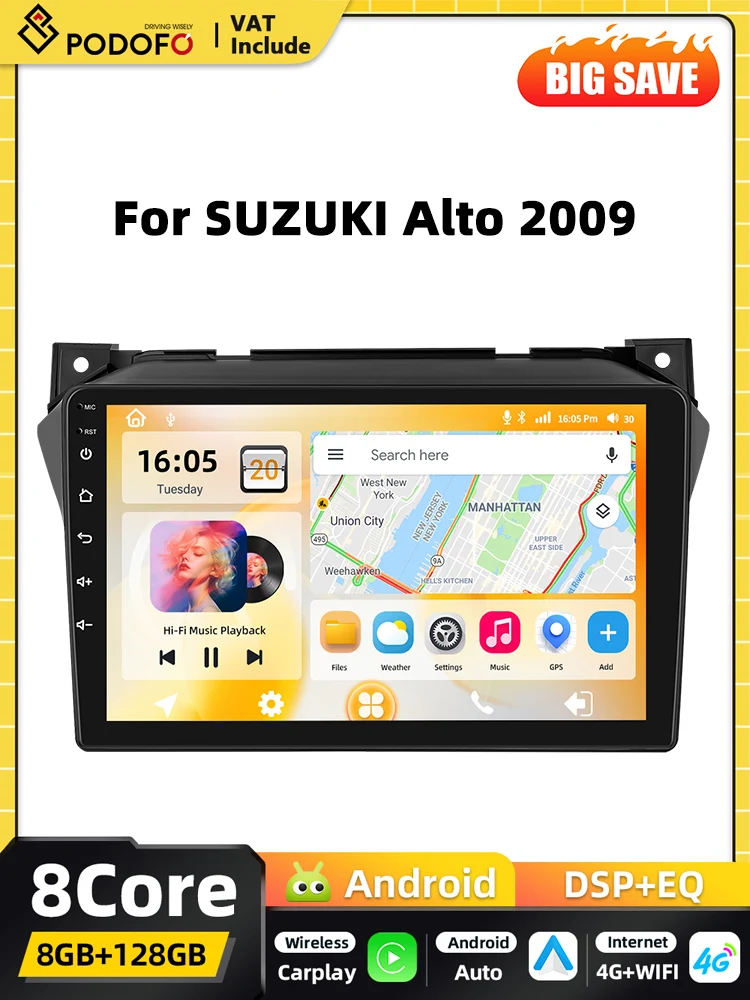Podofo Carplay Android Android Auto Autoradio Voor SUZUKI Alto 2009 Qualcomm Snapdragon BT GPS DSP WIFI FM RDS 2DIN Autoradio - afbeelding 2