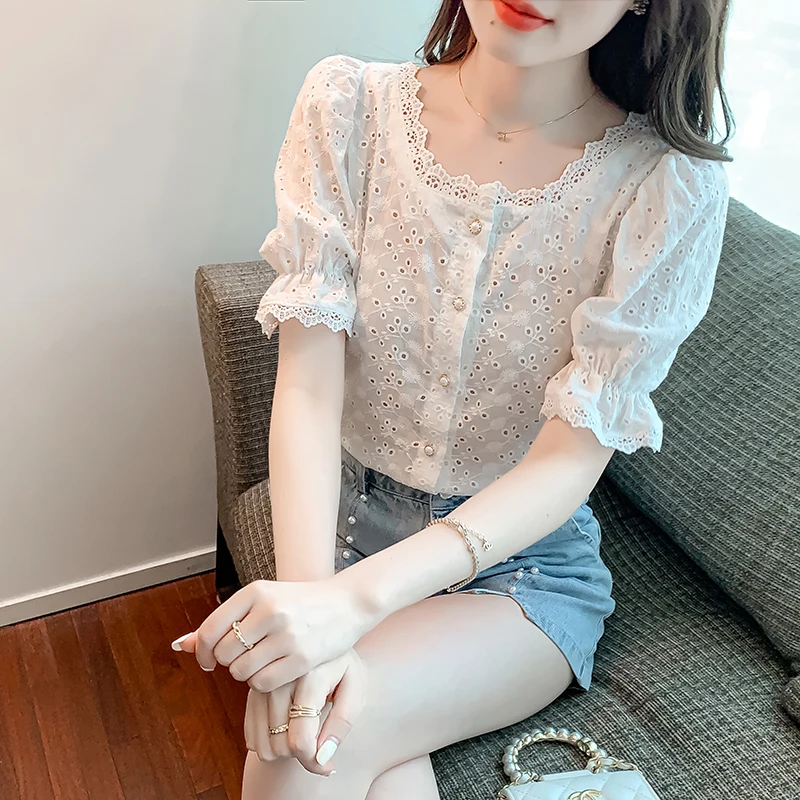 New Short Sleeve Hollow Out Women Blouses Vintage Lace Square Collar White Tops Elegant Loose Shirts