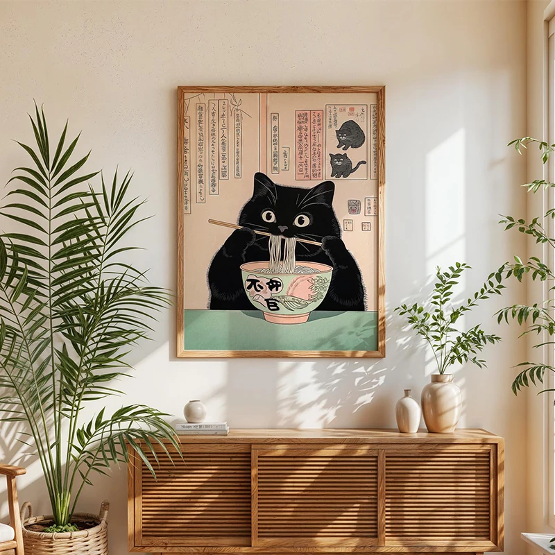 Japanese Cat Eating Noodles Drink Tea Poster Ukiyo-e Orange Cat Sushi Printing Canvas Painting Home Japanese Kitchen Wall Decor