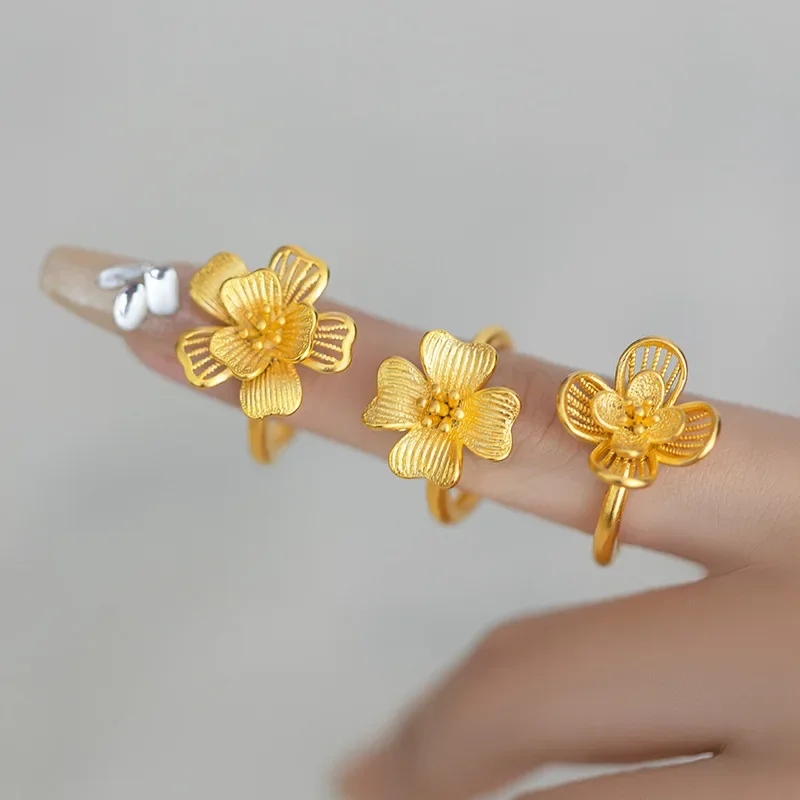 9999 real gold 24K yellow gold High-grade Light Luxury Ancient Open Flower Ring