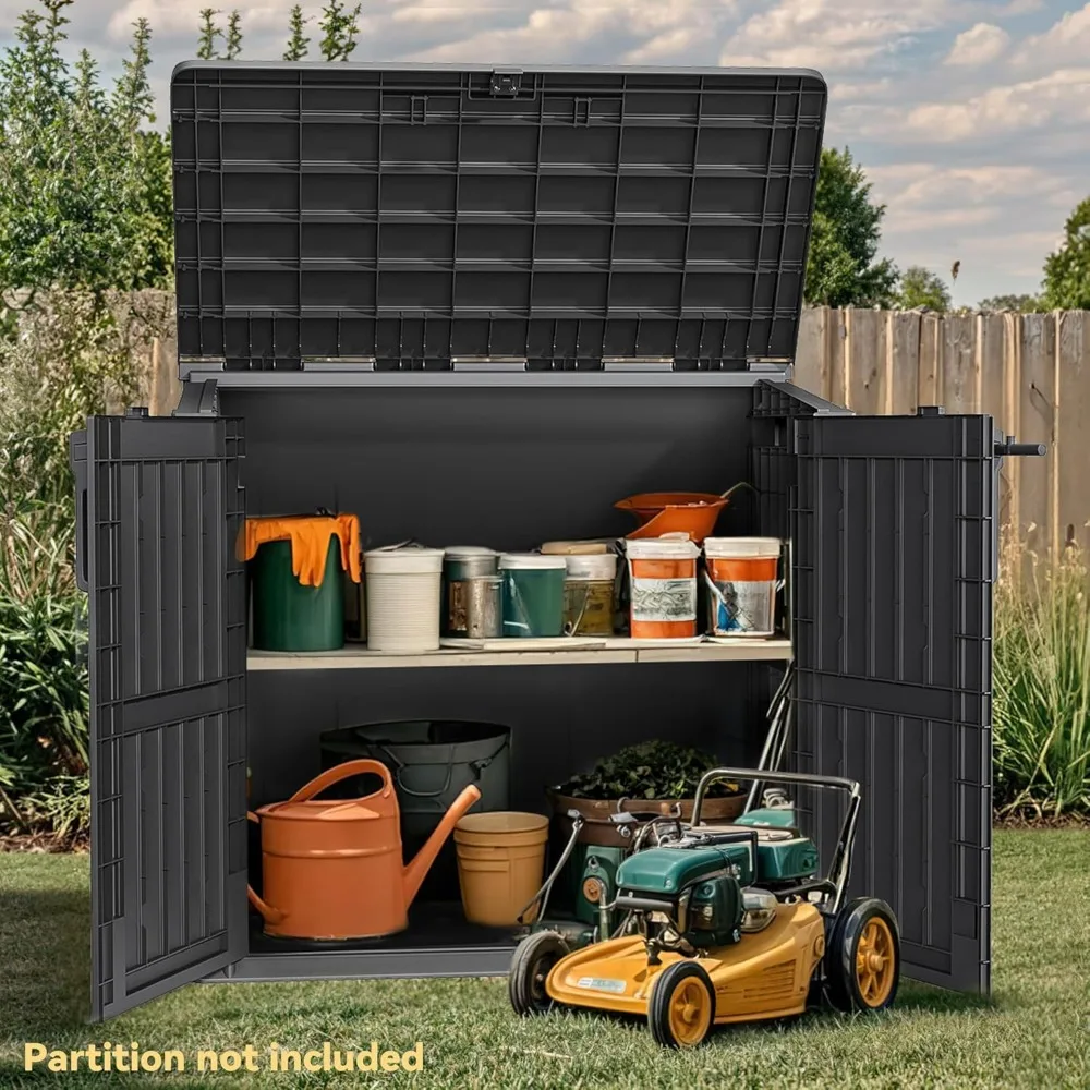 

Tool Storage Shed, Storage for Bakcyard, Patio, and Garden, Resin Plastic Shed with Sloped Lid, Lockable Door, and Wood Grain F