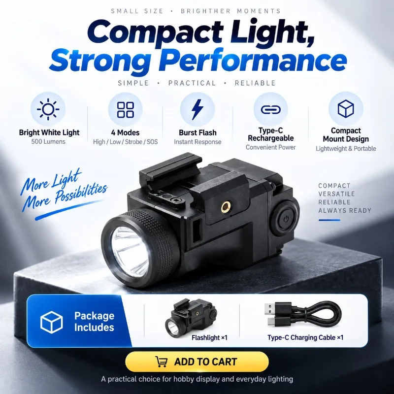 Hobby Model Decor Accessory, Under Mount Bright Flashlight with High Luminosity & Burst-Flash Mode