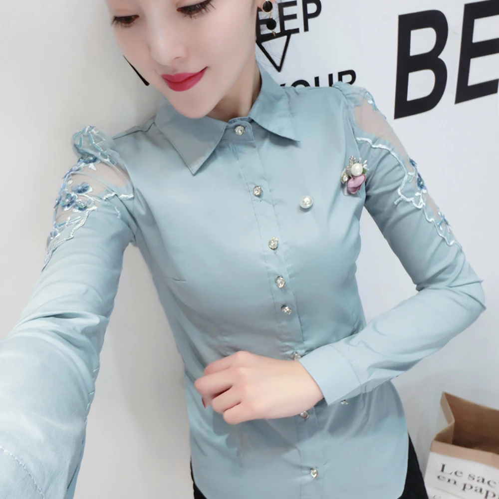 

Fashionable Women's Long Sleeve Hollow out Lace Trim Shirt Commute Style Slim Fit Collar Button down Base Layer Shirt