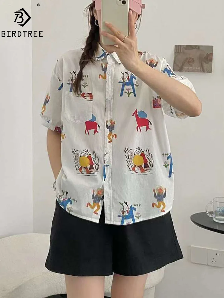 

New Spring Cotton Loose Shirt Women Short Sleeve Pockets Cartton Printed Tops Mori Girl Sweet Casual Blouse 2024 Summer T45374QM