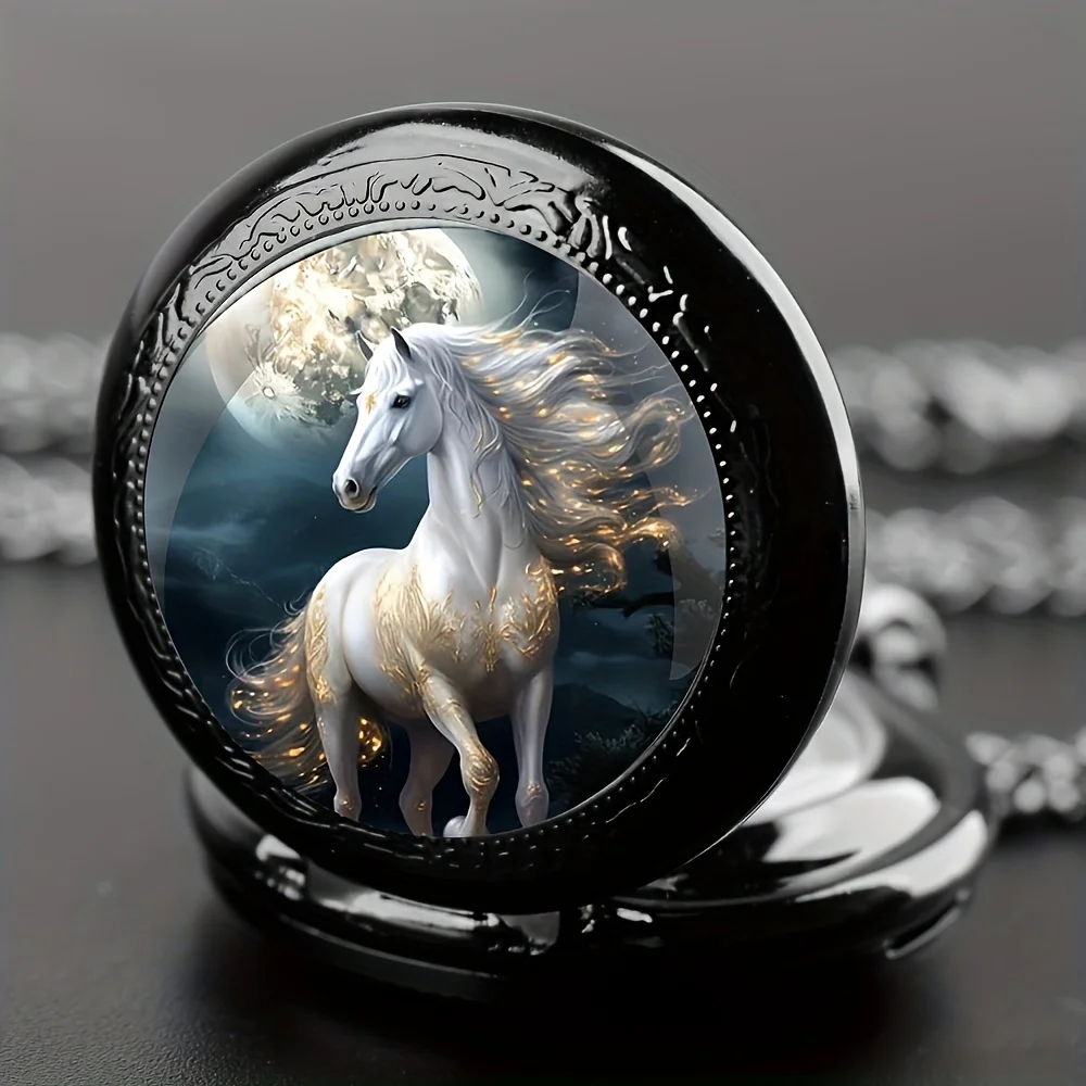 Retro Silvery Horse Animal Necklace Pendant Quartz Pocket Watch