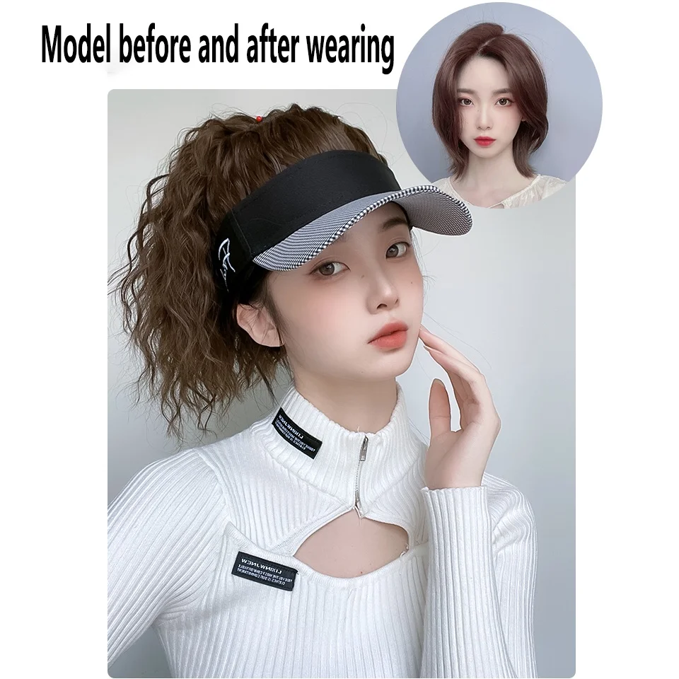 Synthetic Hat wig all-in-one female houndstooth baseball cap summer empty top sun hat fashion water ripple baseball wig cap