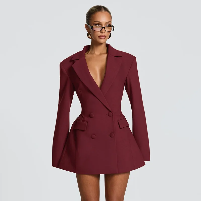 Neu eingetroffen: Elegantes Blazerkleid in Uni-Farbe mit tiefem V-Ausschnitt und tailliertem Schnitt für Damen – Detail 32