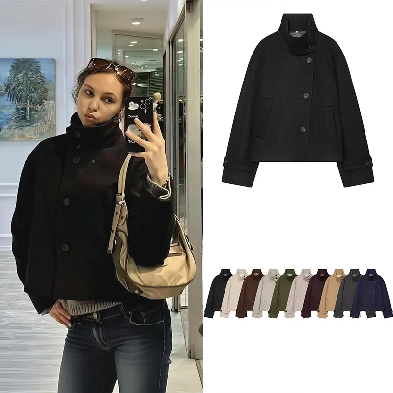 Guobioziy Women's Short Stand Collar Wool Coat 2026 Fall/Winter New Arrival European Casual Fashion Slim Luxury Elite BikerStyle