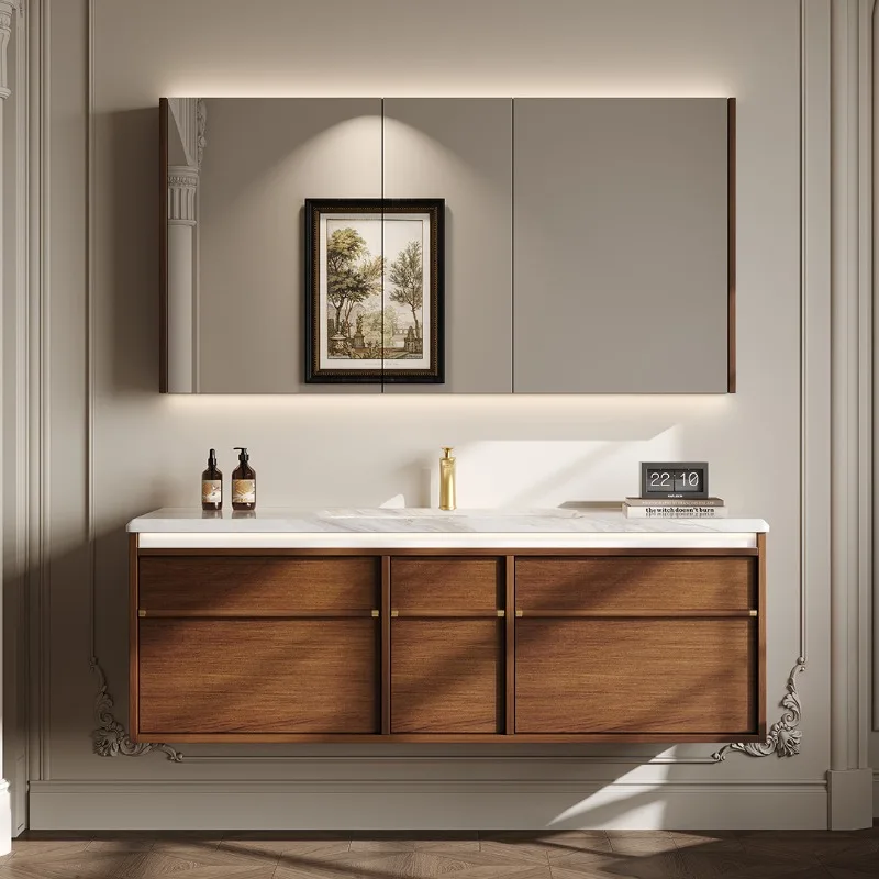 

New flow gold sand luxury stone ceramic basin French antique rubber wood bathroom cabinet washstand