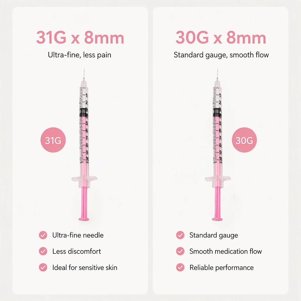 100 Unidas  Jeringas  Insulina Rosadas  1ml, 30G, 8MM, 31G, 8MM, Estériles y Desechables, con Aguja  5/16 Pulgadas  Lab