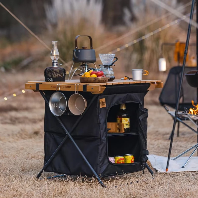 Outdoor folding storage cabinet Solid wood desktop Portable large capacity camping table with shelf
