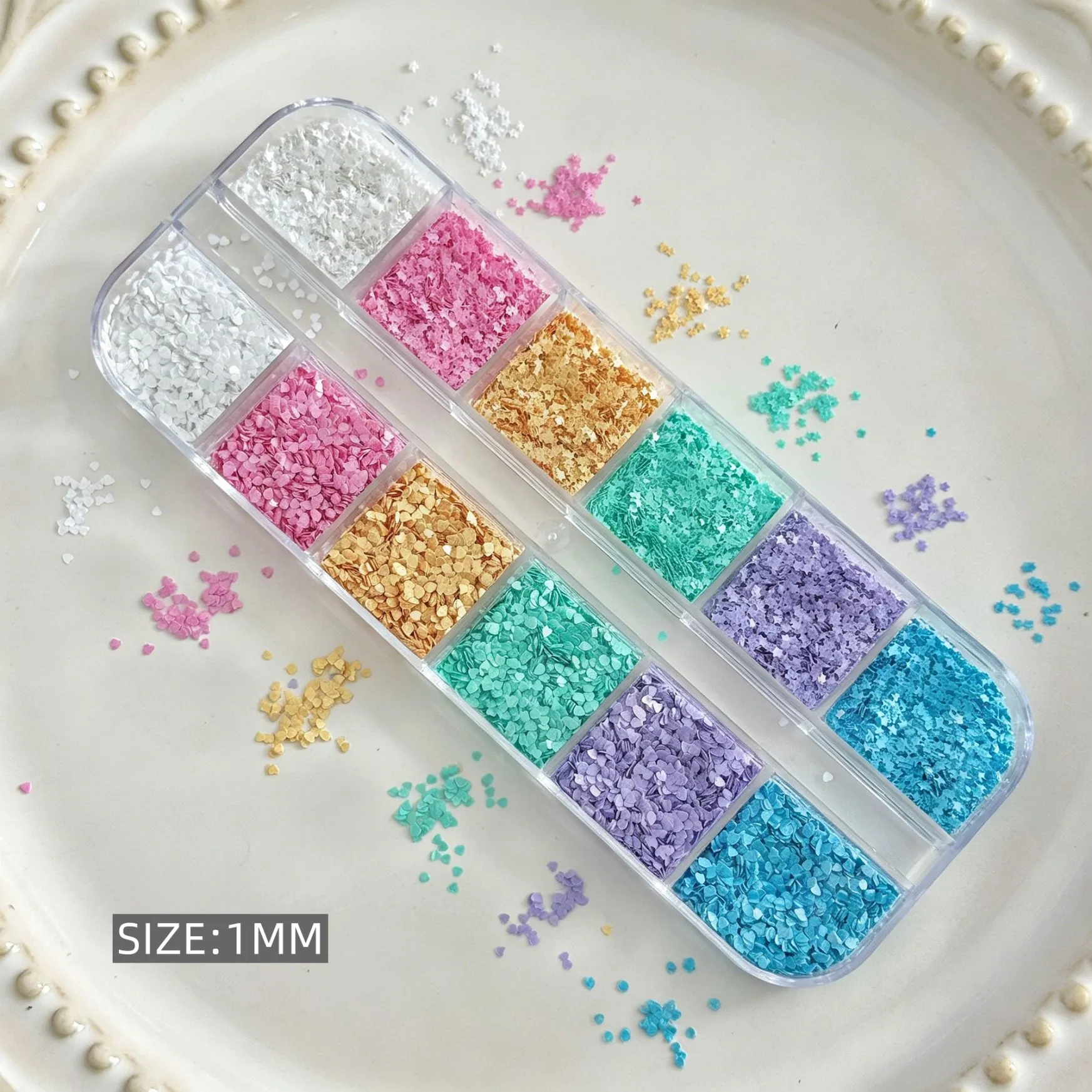 12grid Cute  Macaron Mini Star Heart Nail Sequins  3D Colorful Candy Color Love Heart Nail Flakes Kawaii Star Heart Nail Charrms