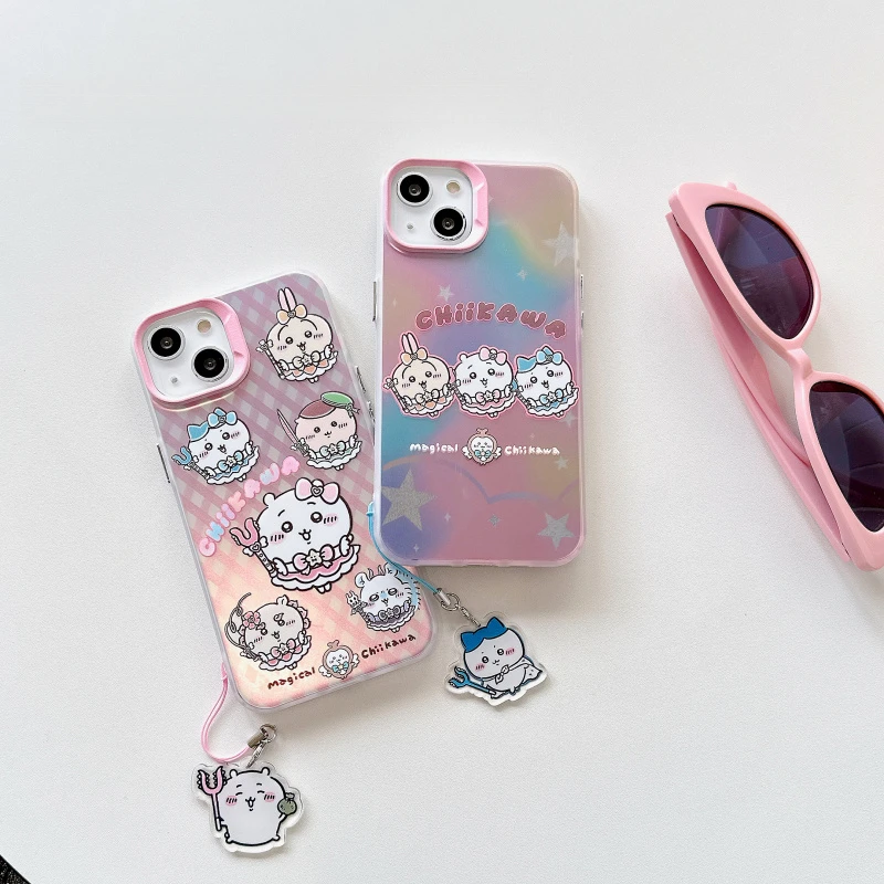 Cute Cartoon Chiikawa Diamond Pink Phone Case for iPhone 17 Pro Max 16 15 14 Plus 13 12 Mini 11 Hachiware Usagi Gradient Cover