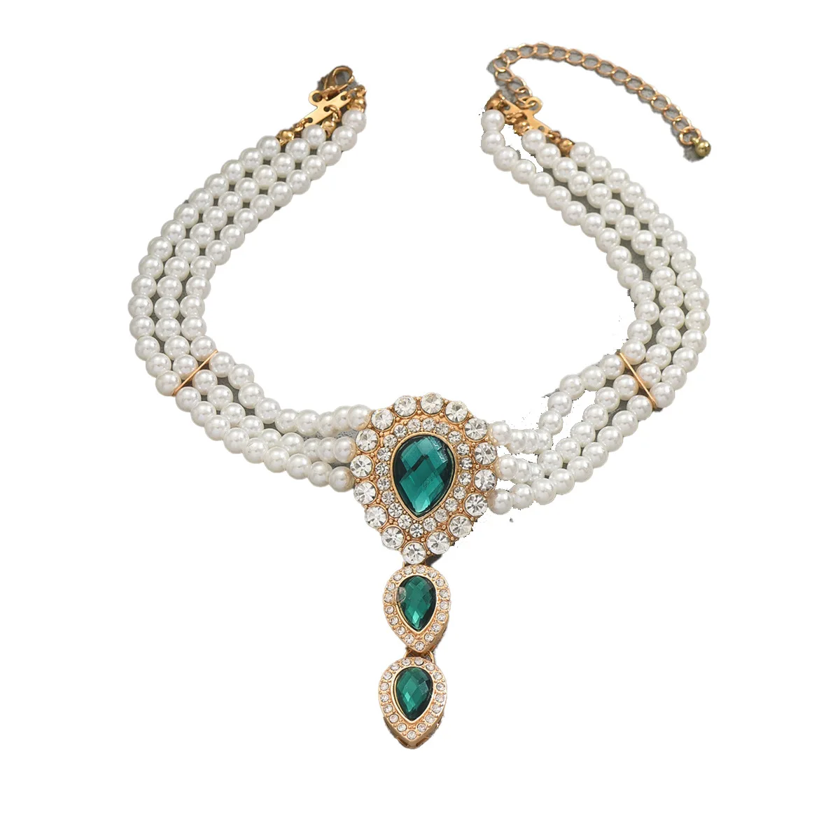 

Elegant Pearl & Green Stone Layered Necklace | Zinc Alloy
