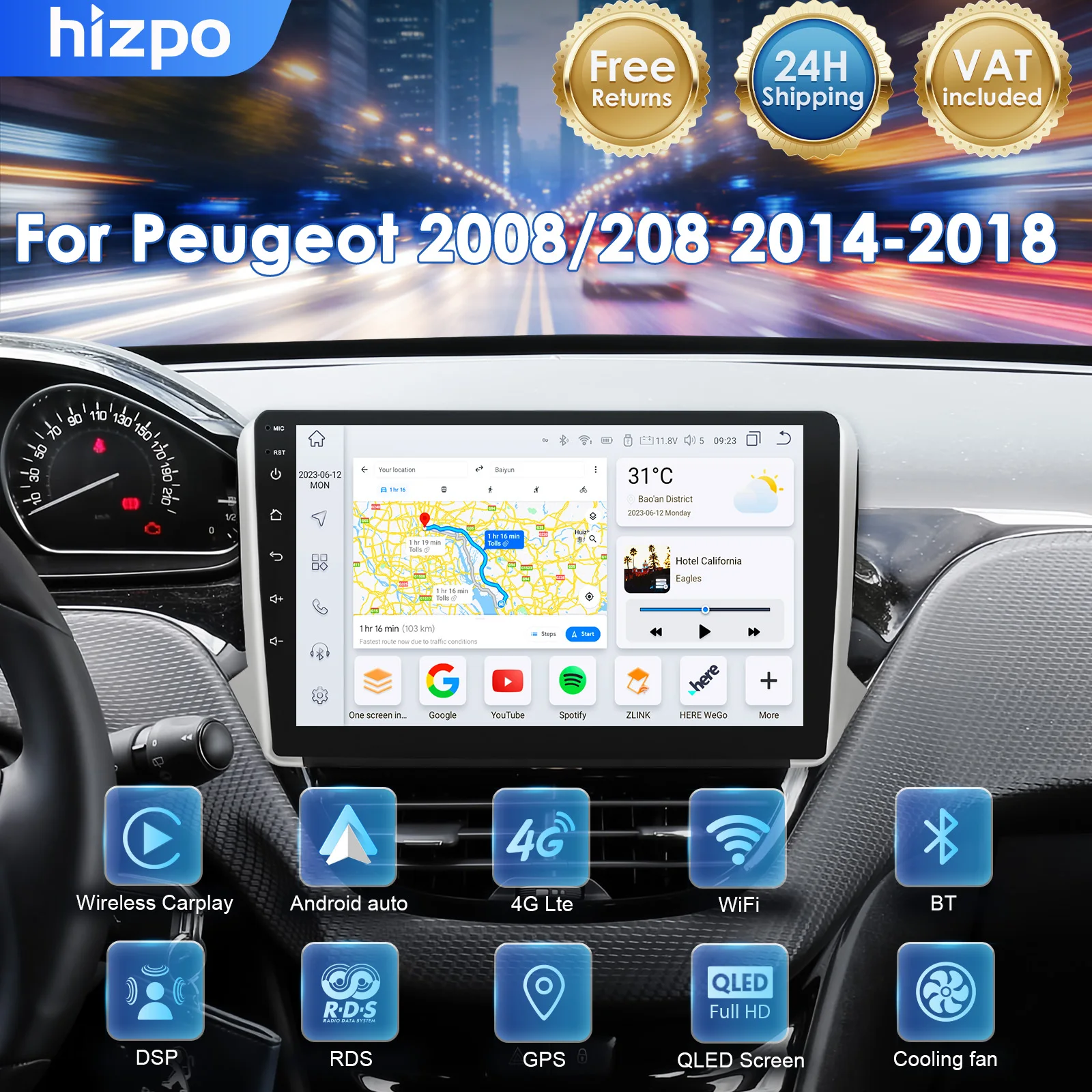Hizpo per Peugeot 2008 208 2014-2018 Autoradio Wireless Carplay Lettore Multimediale Video Stereo 2Din Navigazione Unità Principale RDS WiFi BT 4G