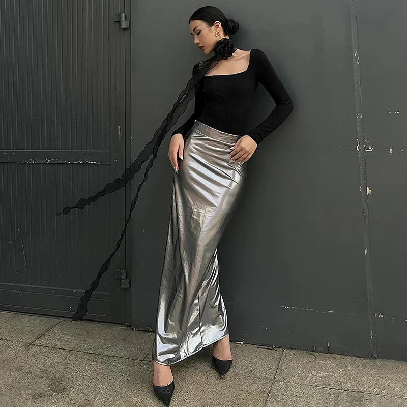 Y2K Lady Metallic Silver PU Leather Long Skirts Low Elastic Waist Maxi Skirts Summer Party Women Sexy Metallic Color Slim Skirts