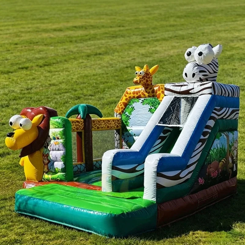 Outdoor Durable PVC Jungle Animal Lion Zoo Inflatable Bouncy Castle Slide for Kids Bounce House Combo for Party Rental